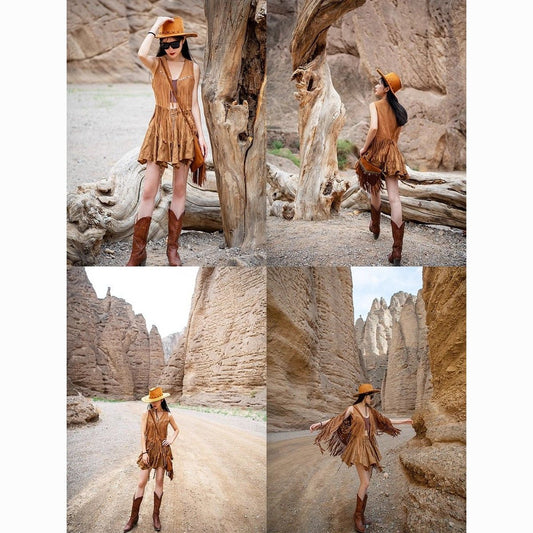 Vintage ethnic style, western cowboy style, desert Gobi travel photo, brown suede, fringed vest top, women's outer wear