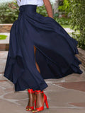 elveswallet  Plus Size Elegant Skirt, Women's Plus Solid Split Asymmetrical Hem High Rise Pleated Bow Maxi Skirt