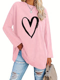 elveswallet  Plus Size Casual T-shirt, Women's Plus Heart Print Long Sleeve Round Neck Medium Stretch Top
