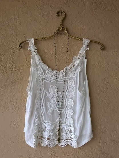 Elveswallet Cotton Linen Lace Floral Women Suspender Top