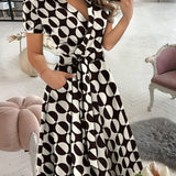 elveswallet  Geo Print Color Block Dress, Casual Slant Pocket Short Sleeve V-neck Dress, Women's Clothing
