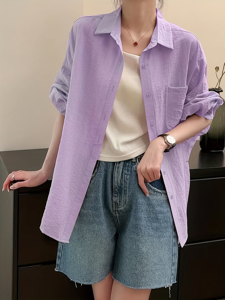 elveswallet  Drop Shoulder Button Front Shirt, Casual Long Sleeve Shirt For Spring & Fall, Women's Clothing