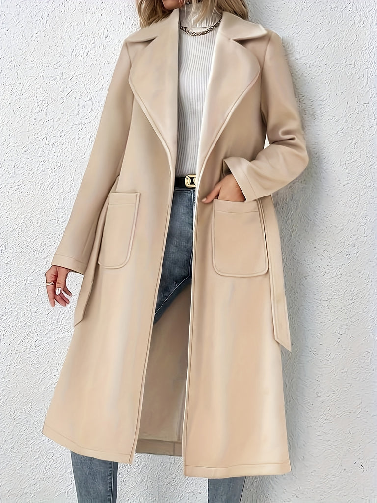 Plus Size Casual Coat, Women's Plus Solid Long Sleeve Open Front Lapel Collar Woolen Coat With Pockets