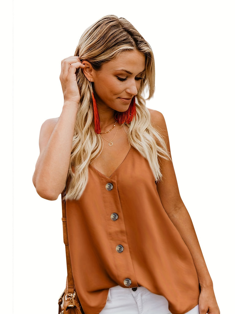 elveswallet  Spaghetti Button Front Top, Sexy Solid V Neck Sleeveless Summer Top, Women's Clothing