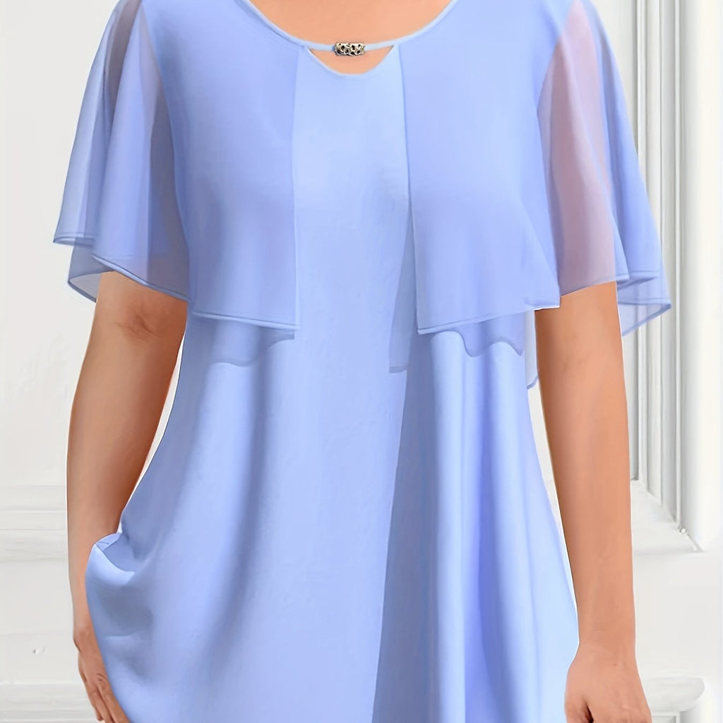 elveswallet  Plus Size Elegant Top, Women's Plus Solid Cape Sleeve Cut Out Medium Stretch Blouse
