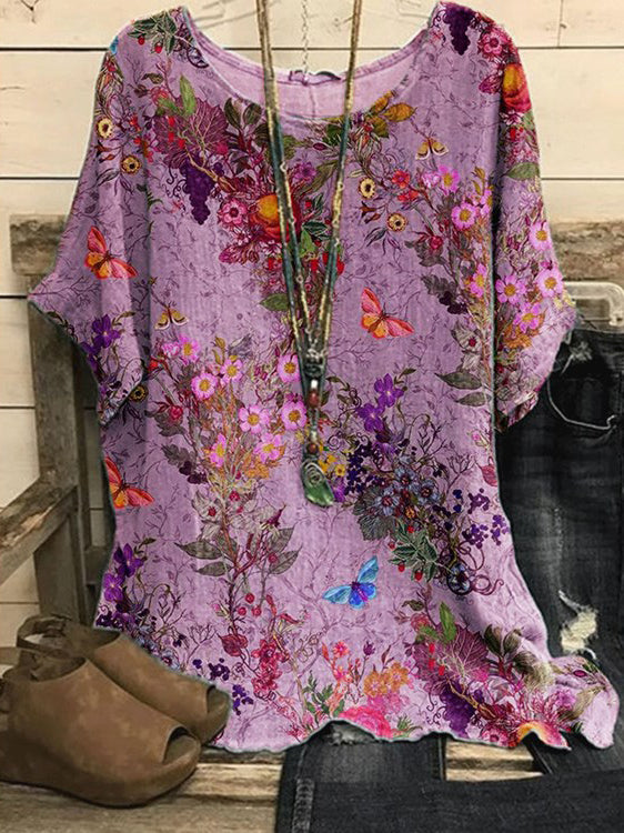 Round Neck Floral Print Casual Loose Long-sleeved Blouse