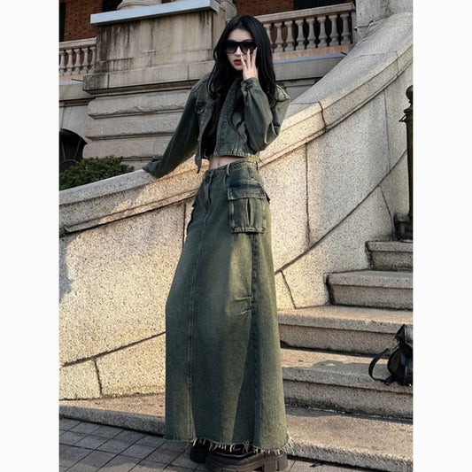 Dark age-reducing fashion temperament looks thin Hong Kong style retro old washed denim jacket two-piece suit skirt women's spring