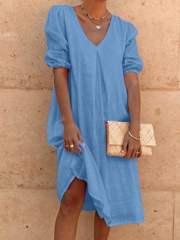 V-neck Casual Linen Shift Dress