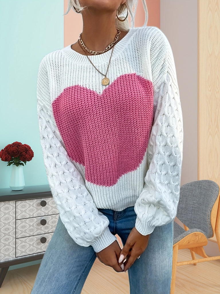 elveswallet  Heart Pattern Crew Neck Pullover Sweater, Casual Long Sleeve Sweater For Fall & Winter, Women's Clothing