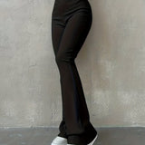 Casual Rib Simple Slim Leggings Pants, Solid High Waisted Fashion Fall & Winter Long Pants, Women's Clothing