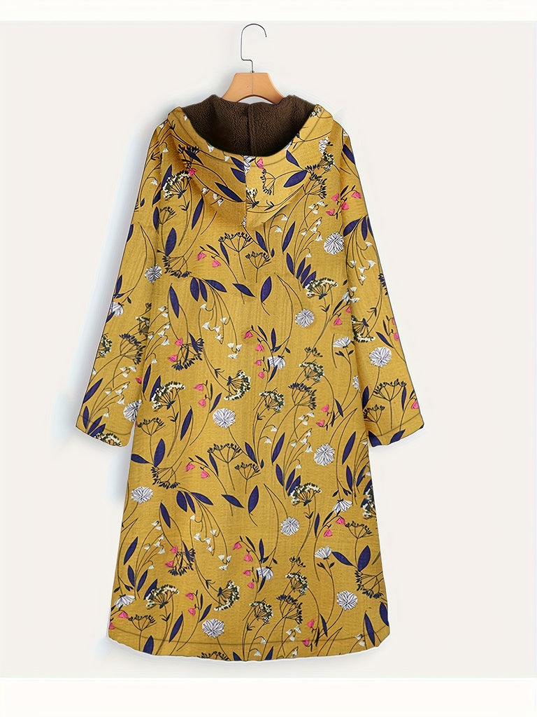 Plus Size Boho Coat, Women's Plus Floral Print Fleece Liner Long Sleeve Hooded Zip Up Longline Overcoat With Pockets