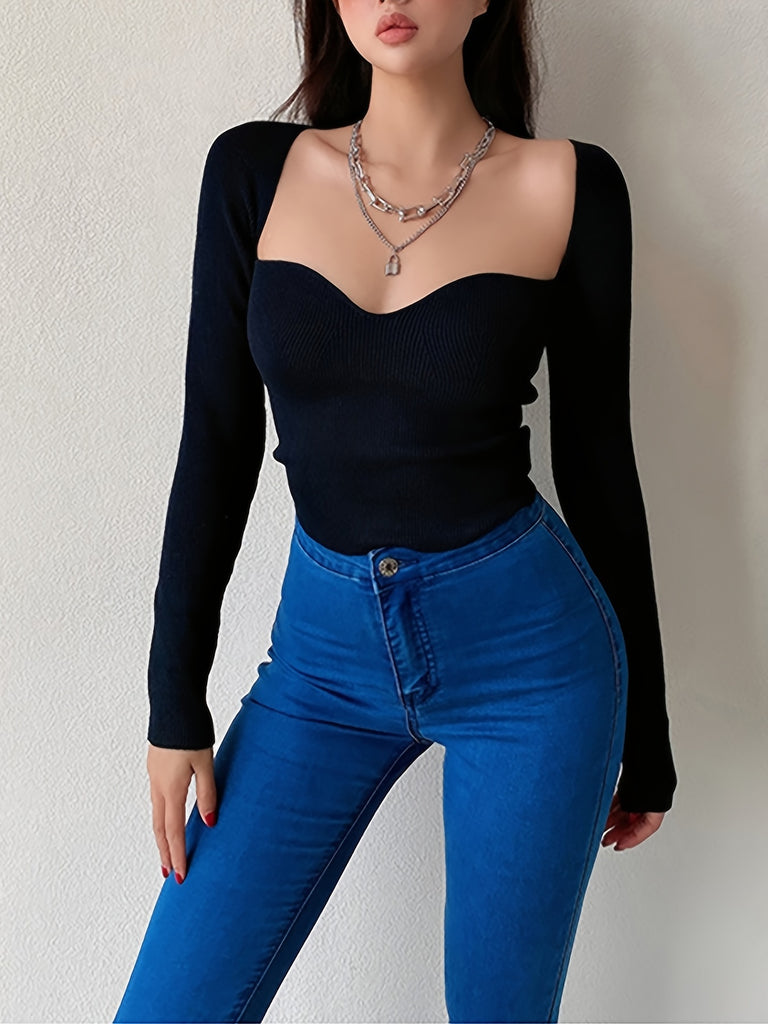 Long Sleeve Sexy Solid Sweater, Slim Square Neck Casual Sweater For Fall & Spring, Women's Clothing