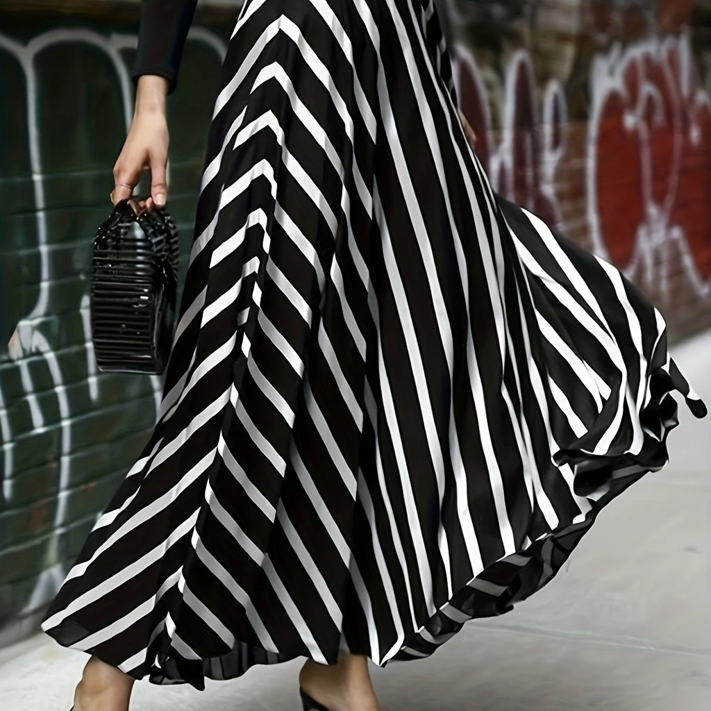 elveswallet  Plus Size Elegant Skirt, Women's Plus Stripe Print High Rise Swing A-line Maxi Skirt