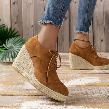 elveswallet Espadrilles Round Toe Lace Up Low-top Platform Wedges