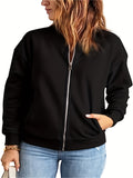 Plus Size Sporty Jacket, Women's Plus Solid Long Sleeve Zipper Jacket With Pockets