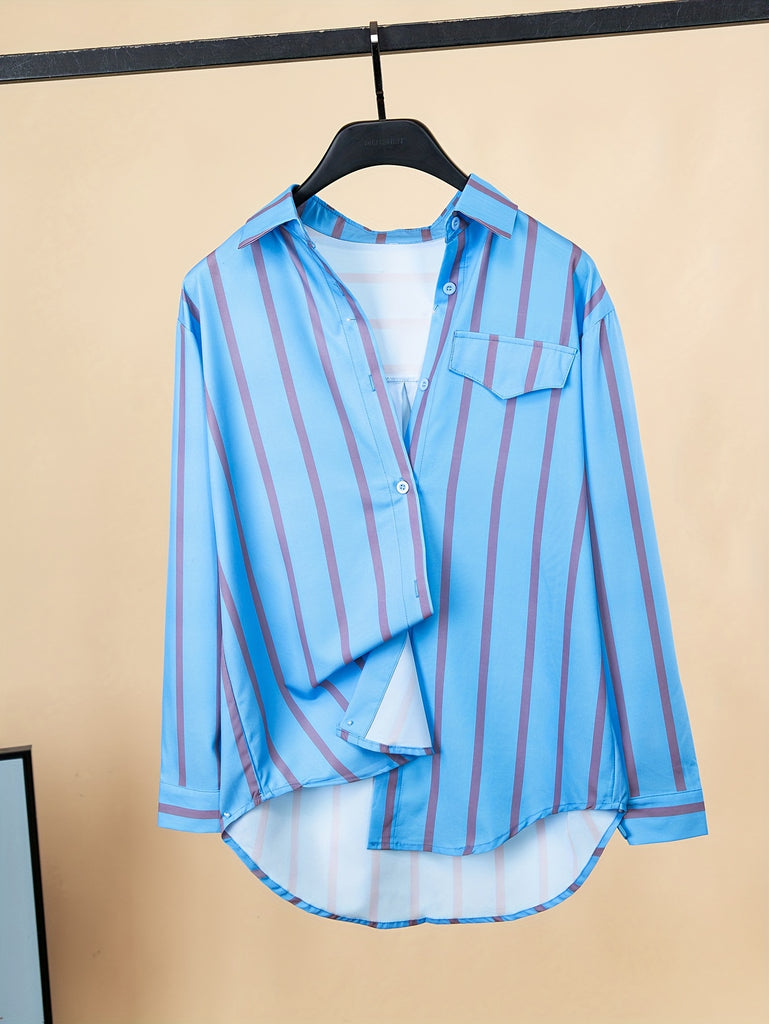 elveswallet  Striped Print Button Front Shirt, Casual Long Sleeve Hem Arc Collar Shirt, Women's Clothing