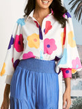 elveswallet  Plus Size Vacay Blouse, Women's Plus Floral Print Lantern Sleeve Lapel Collar Button Up Blouse