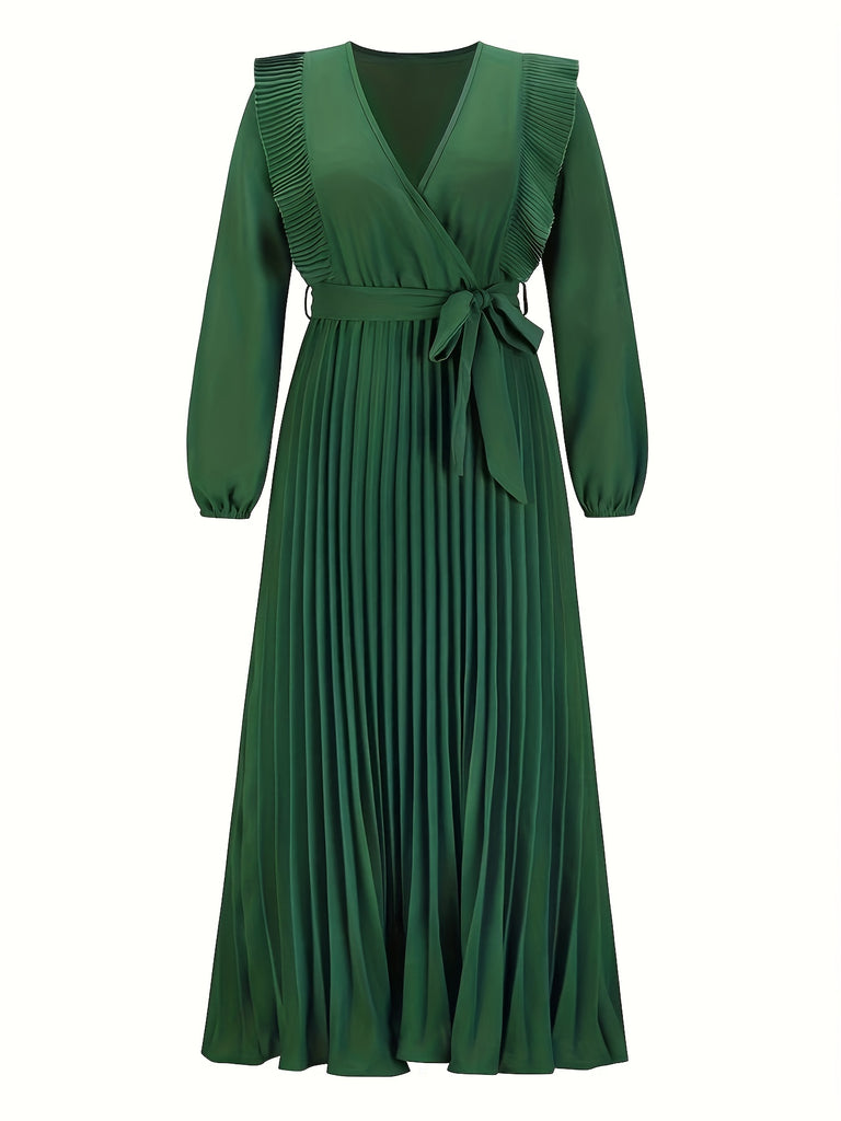 elveswallet  Ruffle Trim Pleated Dress, Elegant Solid Long Sleeve Maxi Dress, Women's Clothing