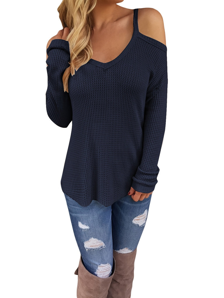 elveswallet  Solid Cold Shoulder V-Neck Long Sleeve Waffle Knit Top, Casual Everyday T-Shirt, Women's Clothing