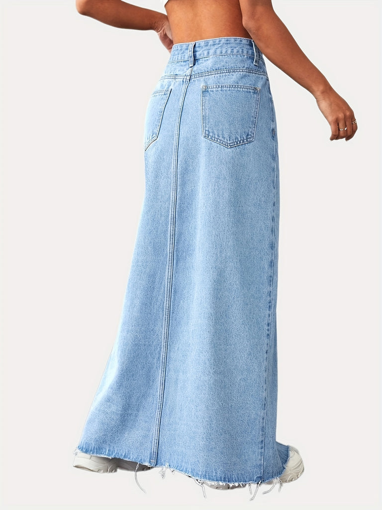 elveswallet  Washed Blue Raw Hem Split Front Denim Skirt, High Waist Slash Pockets Vintage Long Skirt, Women's Denim Skirts, Women's Clothing