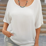 elveswallet  Plus Size Casual T-shirt, Women's Plus Solid Round Neck Ruffle Middle Sleeve Flowy Blouse