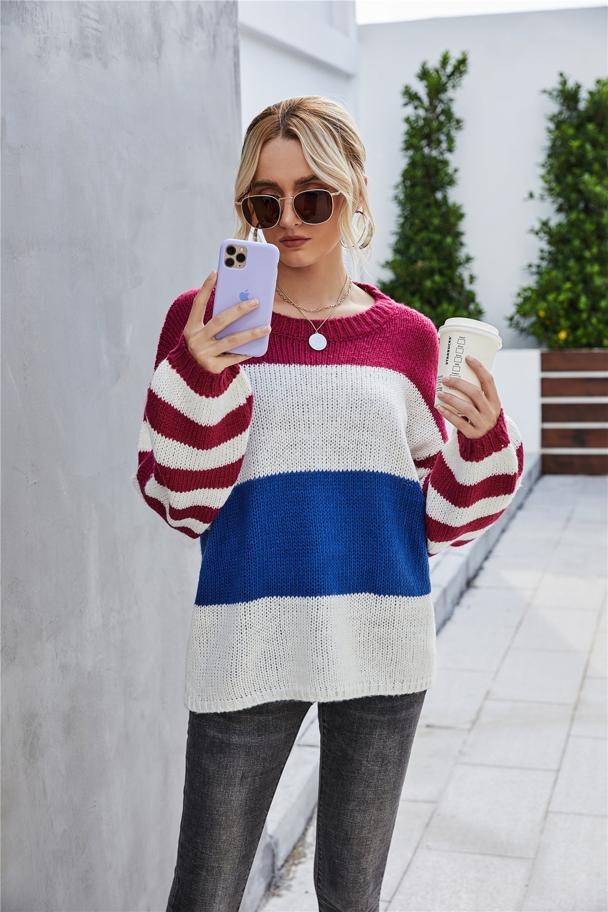 elveswallet Patchwork Large Size  Round Collar Sweater