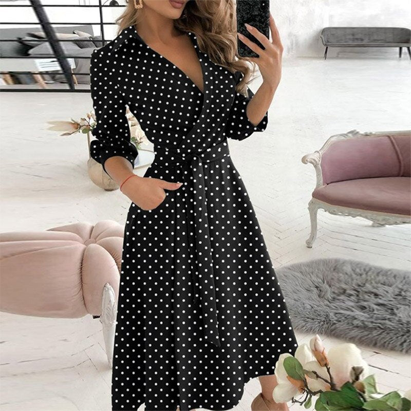 Elegant Women Letter Diamond Print Party Dresses Spring Fashion Sexy V-Neck Belt A-Line Dresses Female Casual Long Sleeve Dress