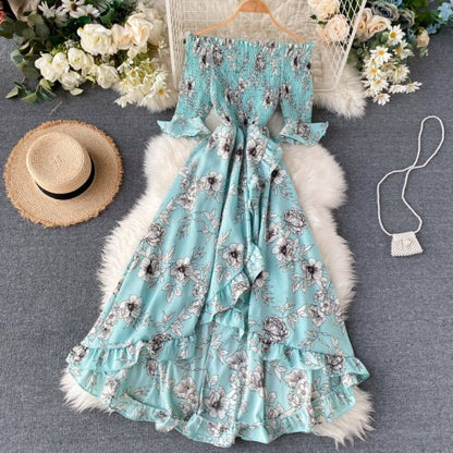 Vintage Ruffles Floral Print  Split  Off Shoulder Dress Summer Maxi Long Party Women Irregular Beach Holiday Dress