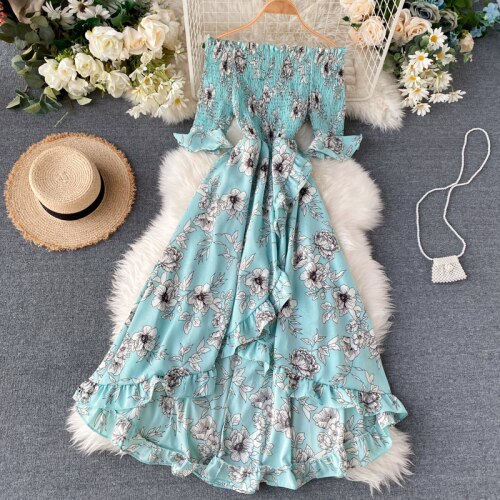 Vintage Ruffles Floral Print  Split  Off Shoulder Dress Summer Maxi Long Party Women Irregular Beach Holiday Dress