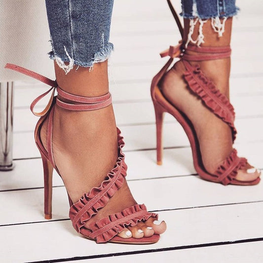 elveswallet Cross Bandage Thin Heel Ruffle Sandals