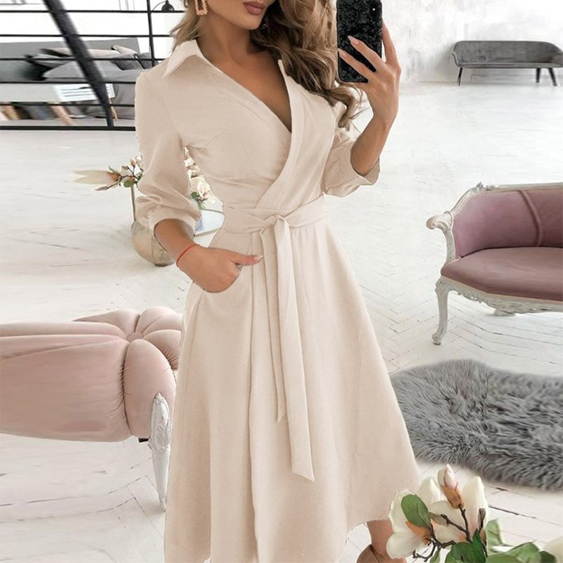 Elegant Women Letter Diamond Print Party Dresses Spring Fashion Sexy V-Neck Belt A-Line Dresses Female Casual Long Sleeve Dress