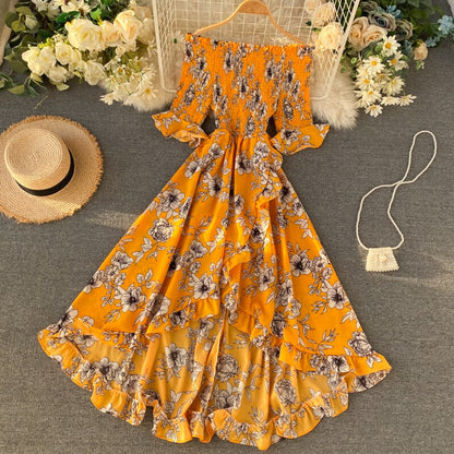 Vintage Ruffles Floral Print  Split  Off Shoulder Dress Summer Maxi Long Party Women Irregular Beach Holiday Dress