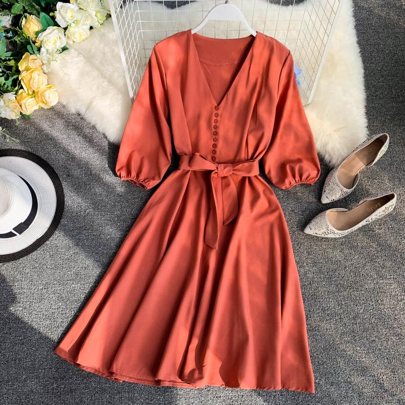 Spring Summer  Women Dress Solid V-Neck Three Quarter Sleeve Vestidos Chic Sashes High Waist Knee-Length Robe