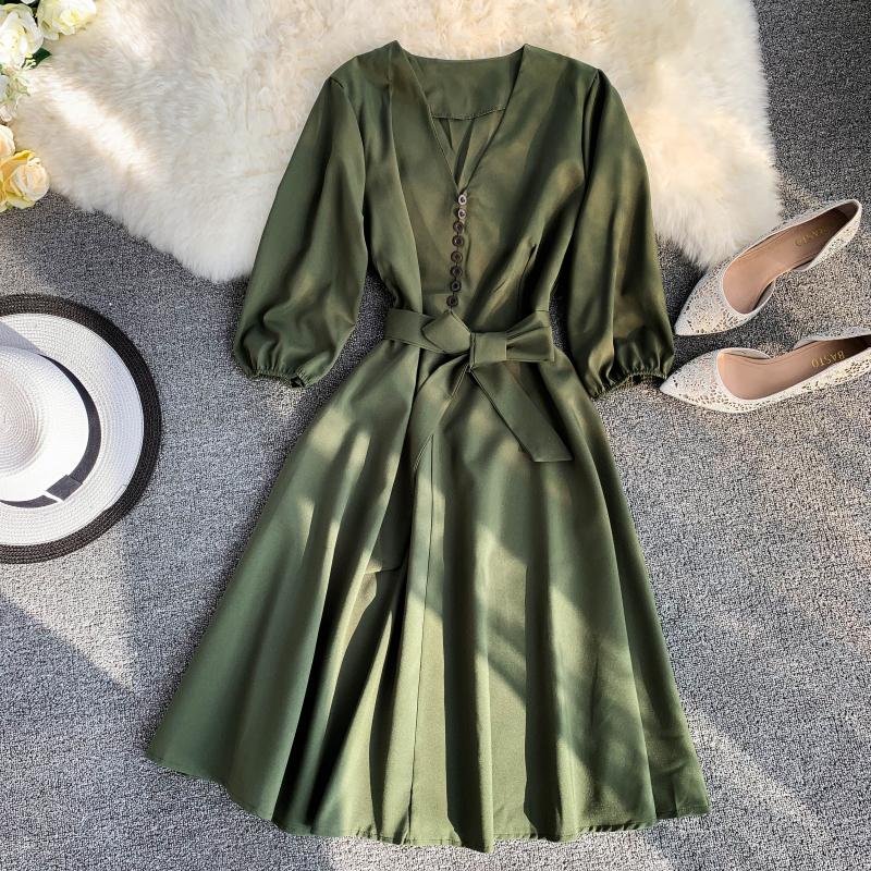 Spring Summer  Women Dress Solid V-Neck Three Quarter Sleeve Vestidos Chic Sashes High Waist Knee-Length Robe