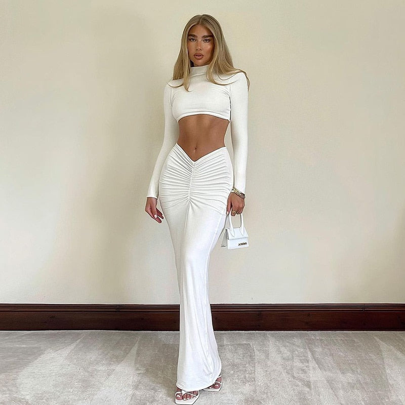 Dress Women's Suit White 2 Pieces Long Sleeve High Neck Crop Top Ruched Midi Skirt Set Elegant Party Streetwear Vestidos