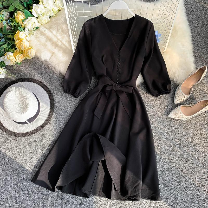 Spring Summer  Women Dress Solid V-Neck Three Quarter Sleeve Vestidos Chic Sashes High Waist Knee-Length Robe