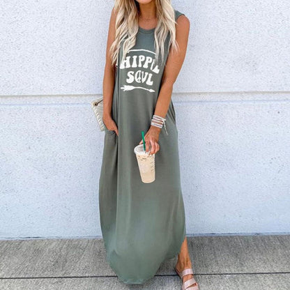 Casual Women O-Neck Long Dresses Summer Letter Printed Sleeveless Beach Sundress Daliy Boho Long Maxi Dress Vestidos