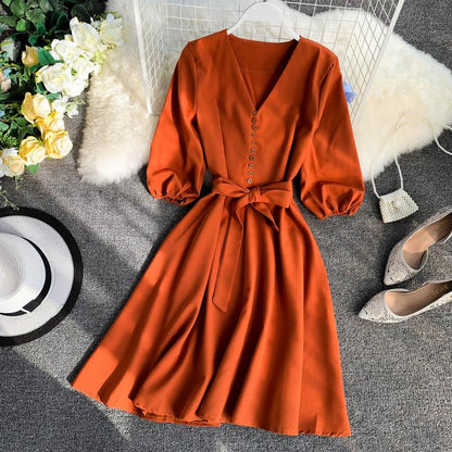 Spring Summer  Women Dress Solid V-Neck Three Quarter Sleeve Vestidos Chic Sashes High Waist Knee-Length Robe