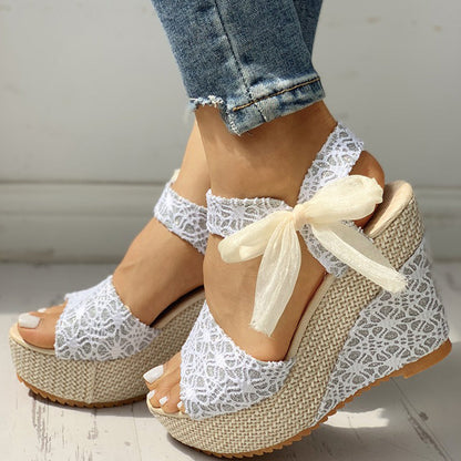 elveswallet Lace Bow Wedges Sandals