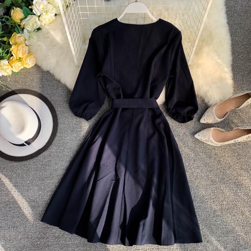 Spring Summer  Women Dress Solid V-Neck Three Quarter Sleeve Vestidos Chic Sashes High Waist Knee-Length Robe