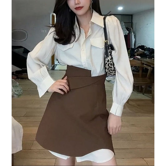 2 Piece Dress Set Women Long Sleeve Blouse + Y2k Mini Skirts Fashion Suits Office Lady Korean Fashion Clothing  Autumn Chic