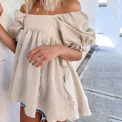 Women Vintage Ruffled Backless A-Line Party Dress Lantern Sleeve Square Collar Hemp Mini Dress  Summer Fashion Women Dress