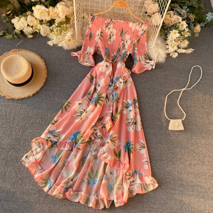 Vintage Ruffles Floral Print  Split  Off Shoulder Dress Summer Maxi Long Party Women Irregular Beach Holiday Dress