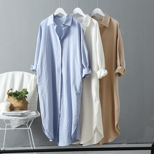 Woman Long Shirt Dress Elegant Casual Korean Fashion White Spring Oversized Long Sleeve Midi Dresses Plus Size Ladies Robe