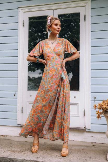 Ruffles Orange Floral Summer Bohemian Dress Vintage V-Neck Short Sleeve BOHO Dresses Holiday New Women Dress