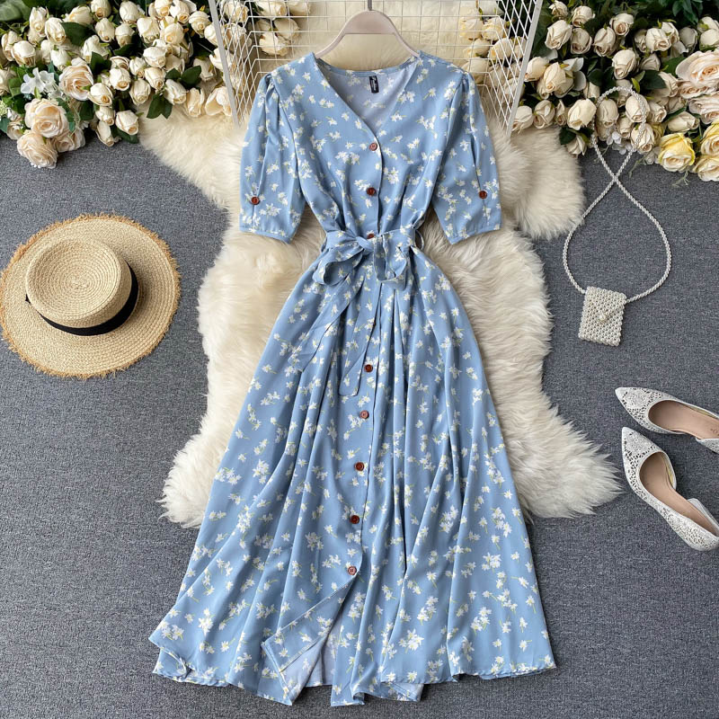 French Sweet Floral Dress Women V Neck Puff Sleeve Single-Breasted Belt Dress Summer Bohemian Print A-Line Midi Dress