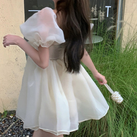 Woman Sweet Pink Fairy Dress  Summer Vintage Elegant Square Collar Puff Sleeve Ball Gown Robe Korean Mini Princess Vestidos xj0809