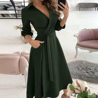 Elegant Women Letter Diamond Print Party Dresses Spring Fashion Sexy V-Neck Belt A-Line Dresses Female Casual Long Sleeve Dress