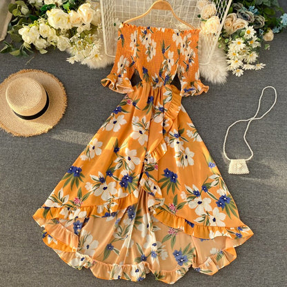 Vintage Ruffles Floral Print  Split  Off Shoulder Dress Summer Maxi Long Party Women Irregular Beach Holiday Dress