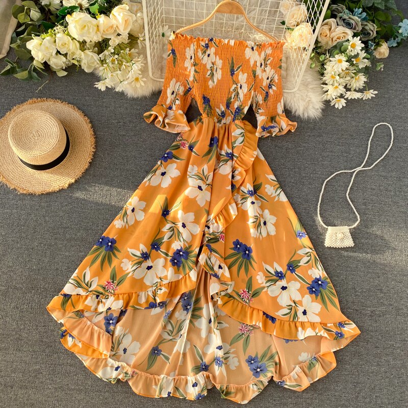 Vintage Ruffles Floral Print  Split  Off Shoulder Dress Summer Maxi Long Party Women Irregular Beach Holiday Dress